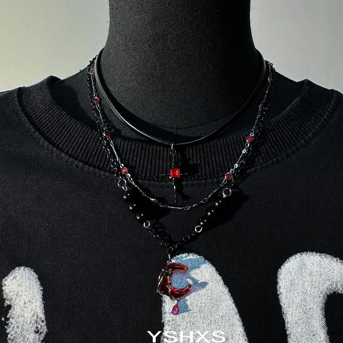 Scarlet Crescent Gothic Layered Necklace