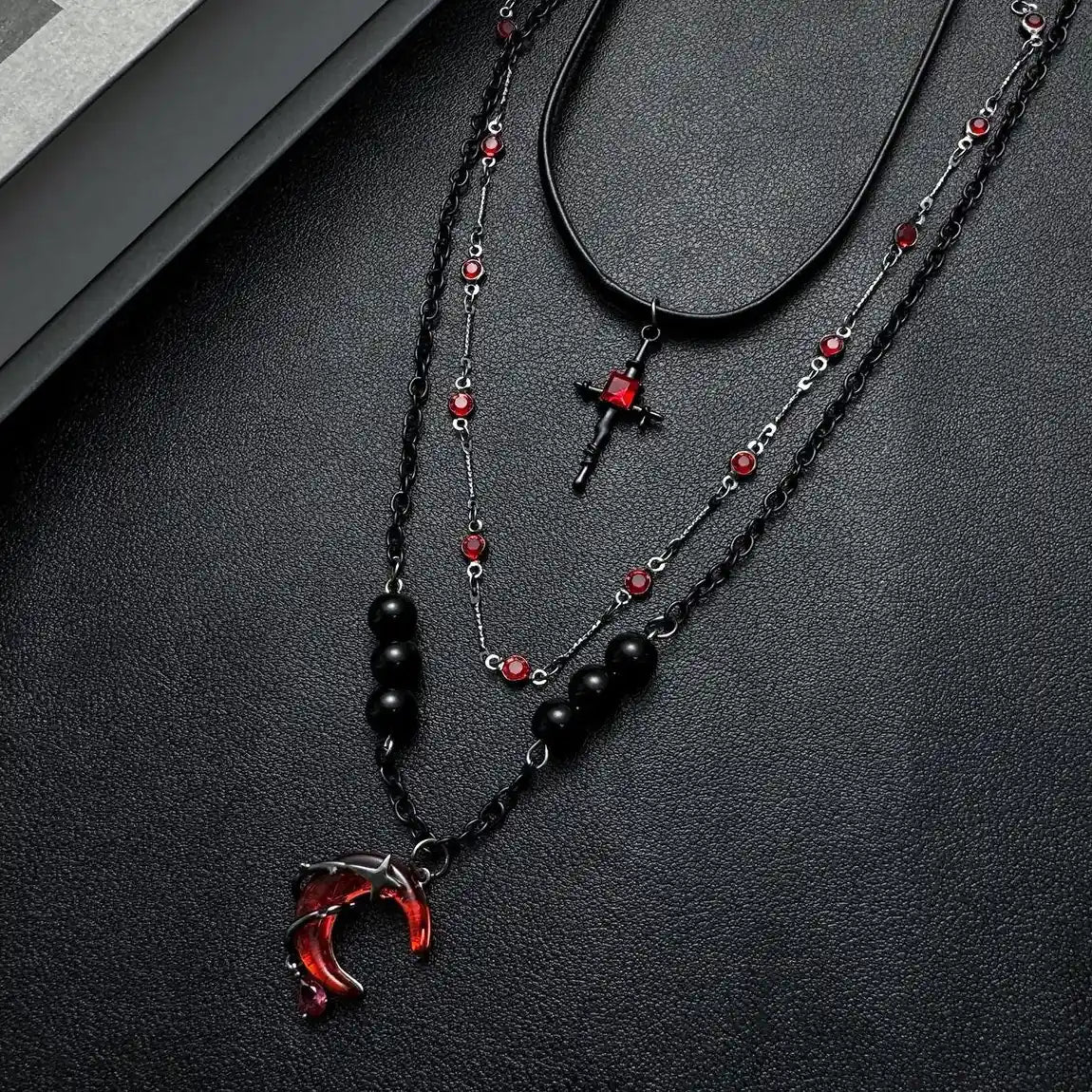 Scarlet Crescent Gothic Layered Necklace