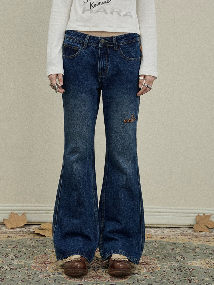 Embroidered Flared Jeans Distressed Denim Trousers