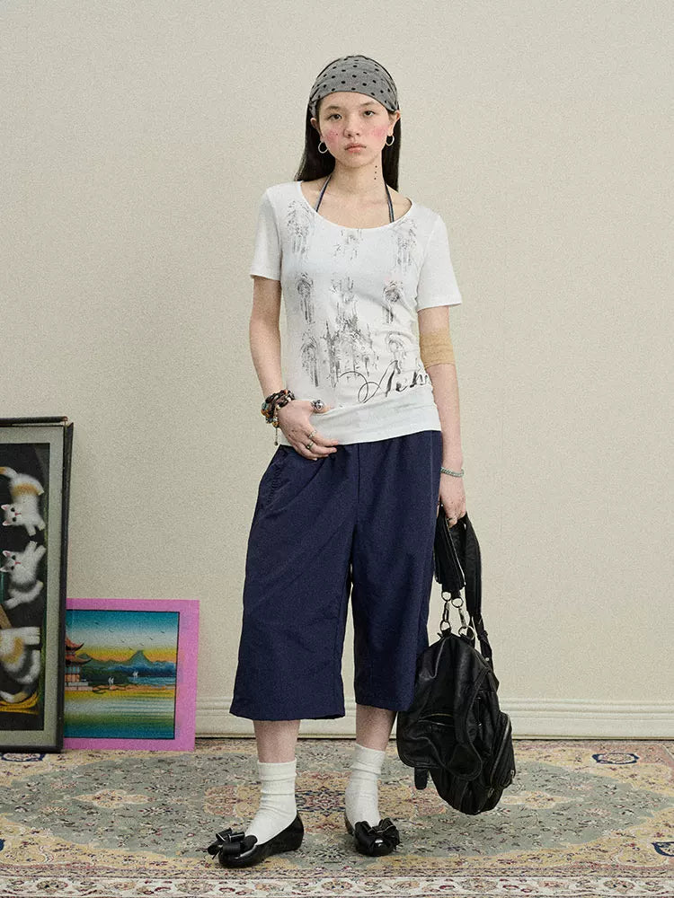 Romanesque Print Tee V-neck T-shirt Long-Sleeve
