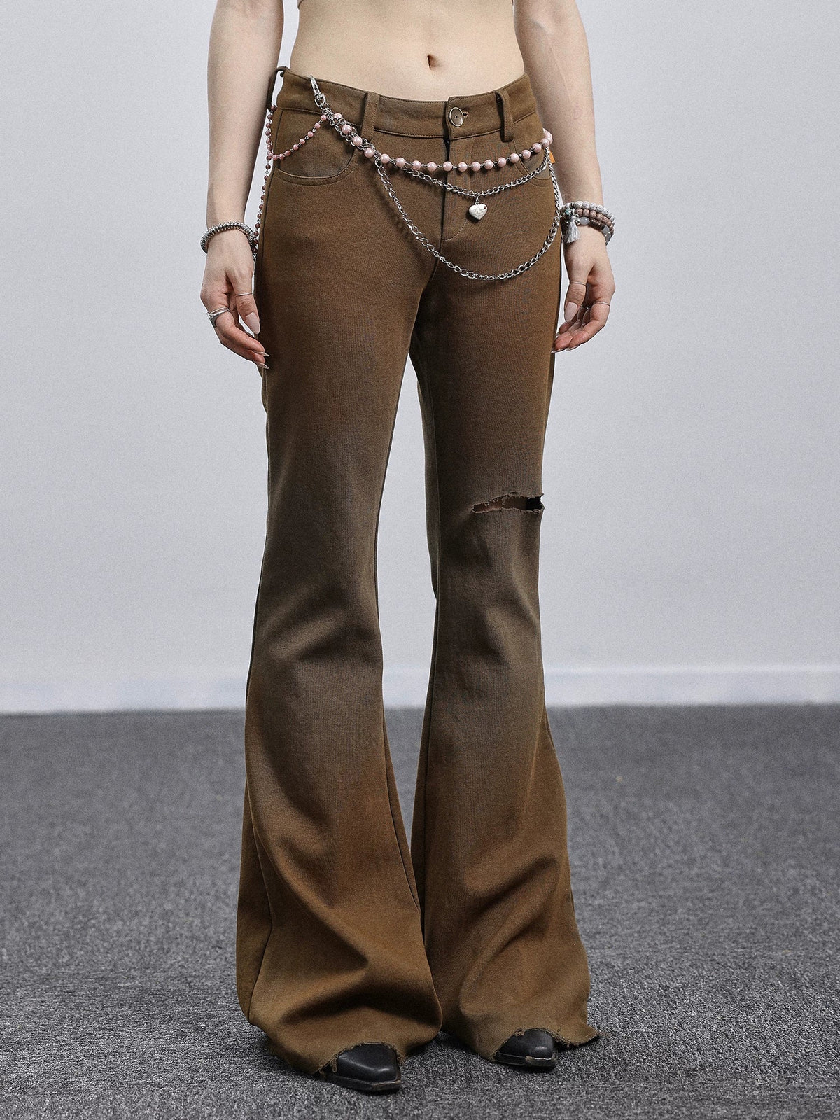 Summer Breeze Wide Leg Pants Yellow Green Distressed