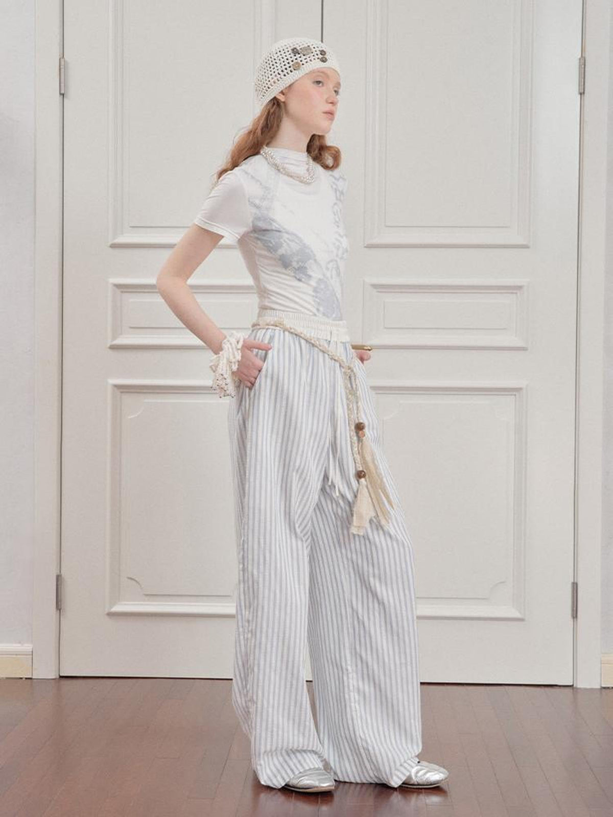 Blue White Striped Loose Wide Leg Pants