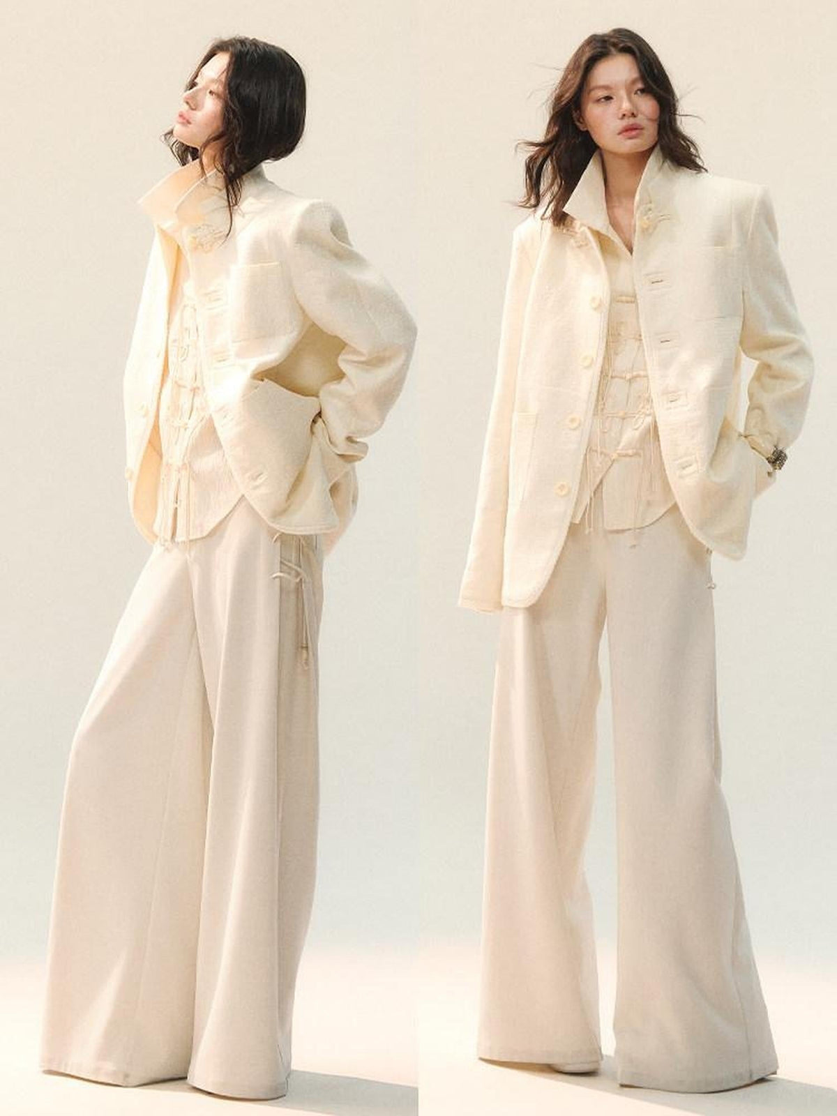 Soft Cream Striped Casual Mid Rise Wide Leg Women Polyester Blend Pants