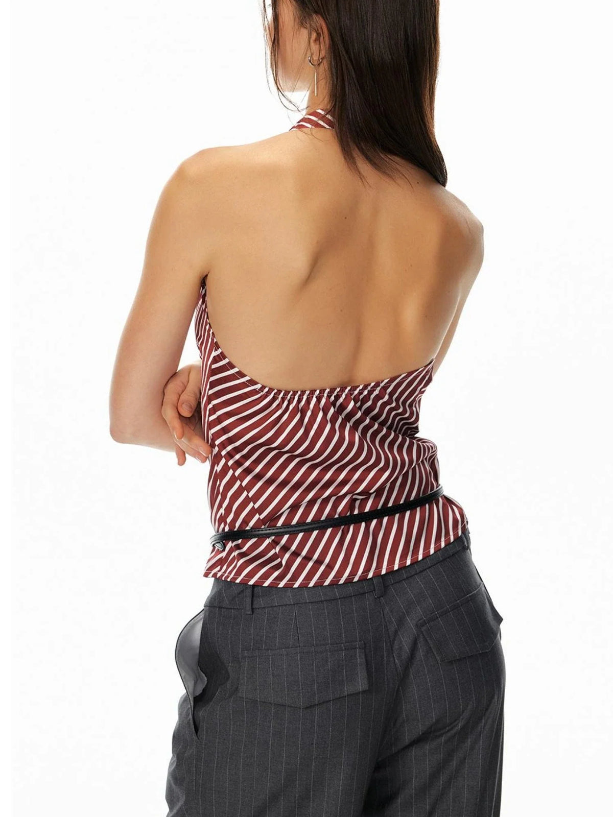 Asym Stripe Sleeveless Draped Tie Neck Top