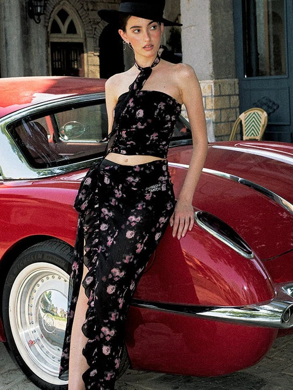 Slit Neckline Bandage Bodycon Maxi Dress Set
