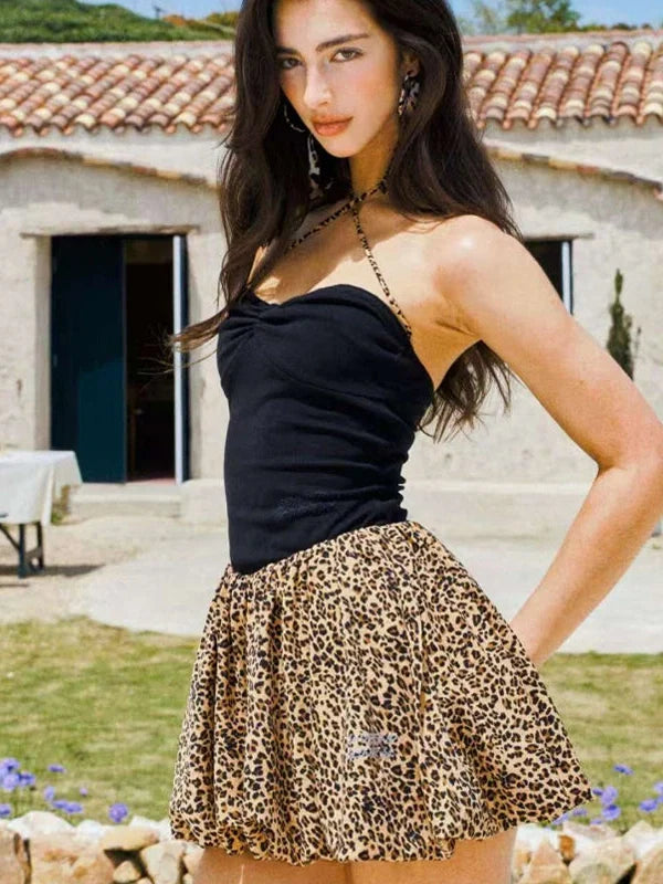 Sexy Leopard Print Spliced Halter Neck Dress Short Skirt