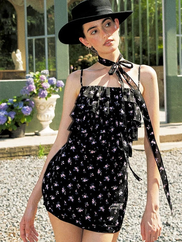 Sexy Print Strappy Slip Dress Short Black