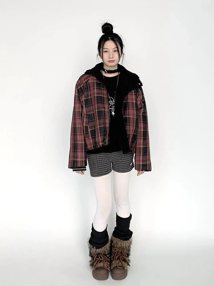 Blackberry Plaid Sherpa-Lined Winter Jacket Coats