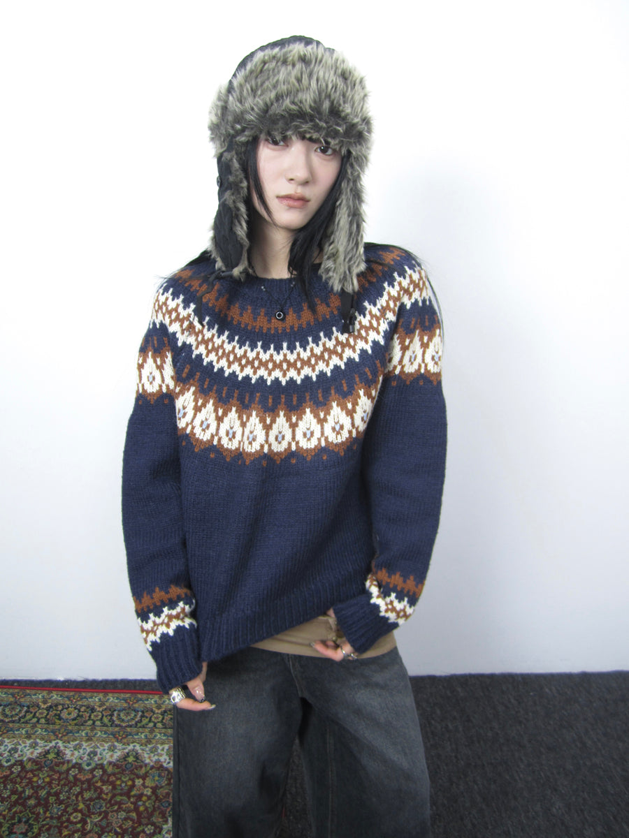 Fair Isle Knit Sweater Women Vintage Winter Blue Loose