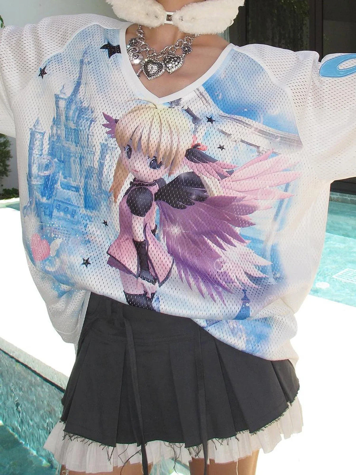 Angel Graphic Relaxed Tee V Neck T Shirt Long Sleeve
