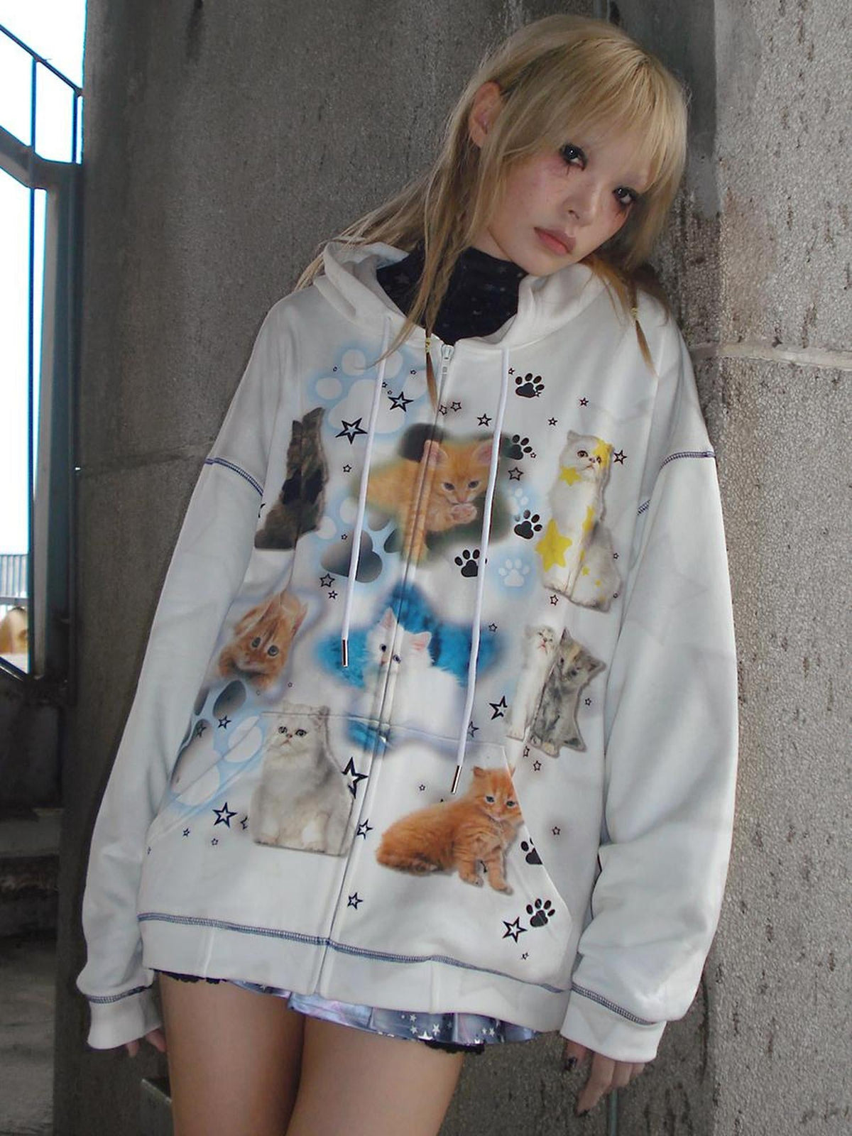 Cat Print Hooded Sweatshirt
