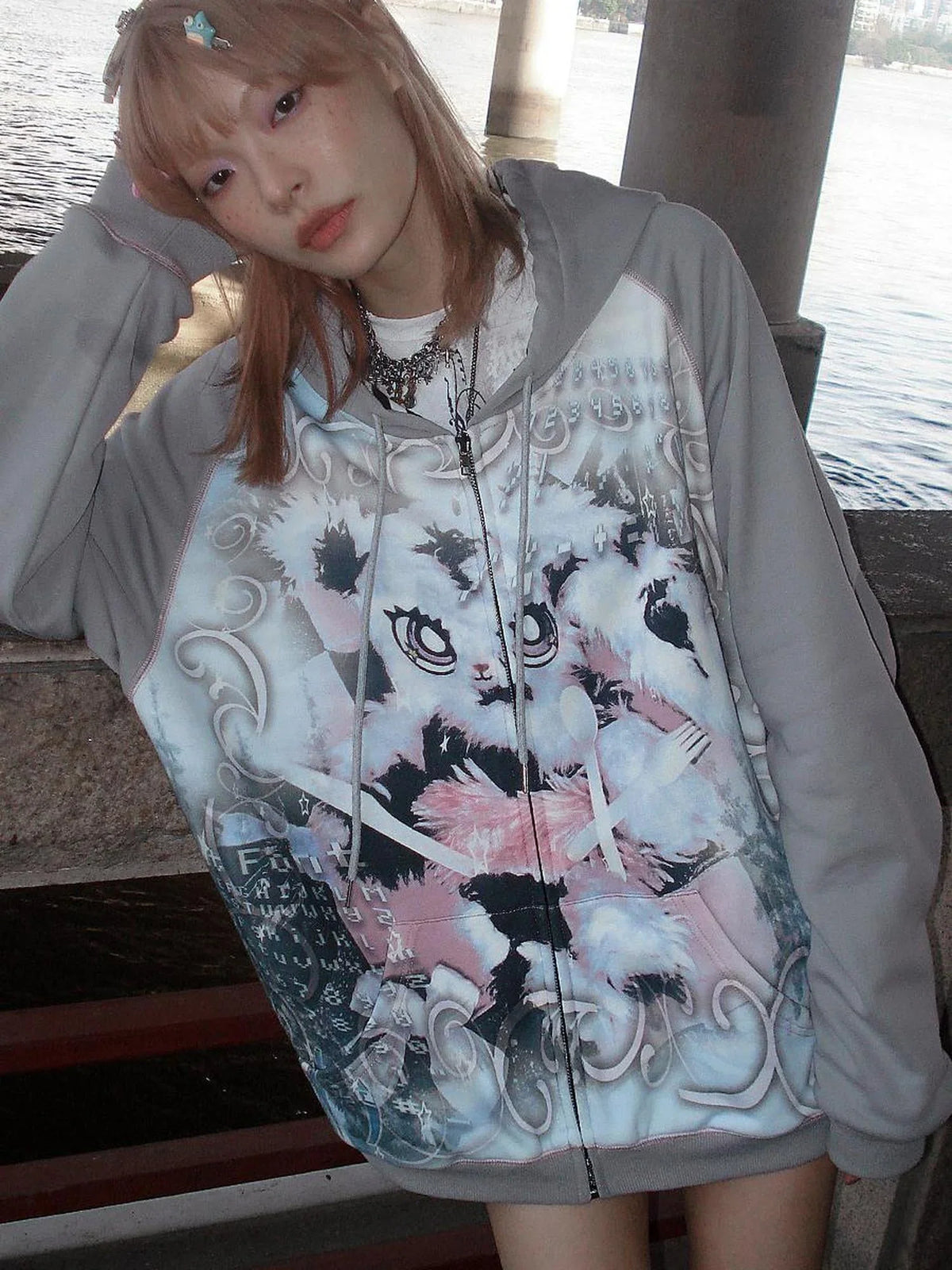 Cute Rabbit Print Loose Hooded Sweatshirt