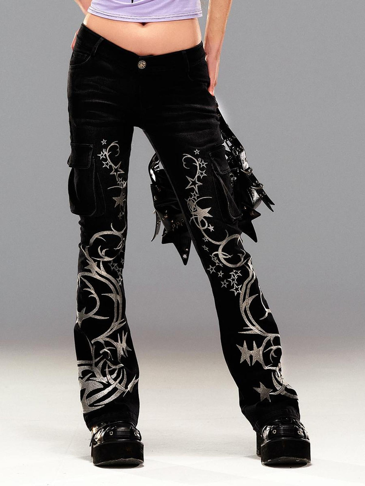 Five Pointed Star Embroidered Denim Jeans