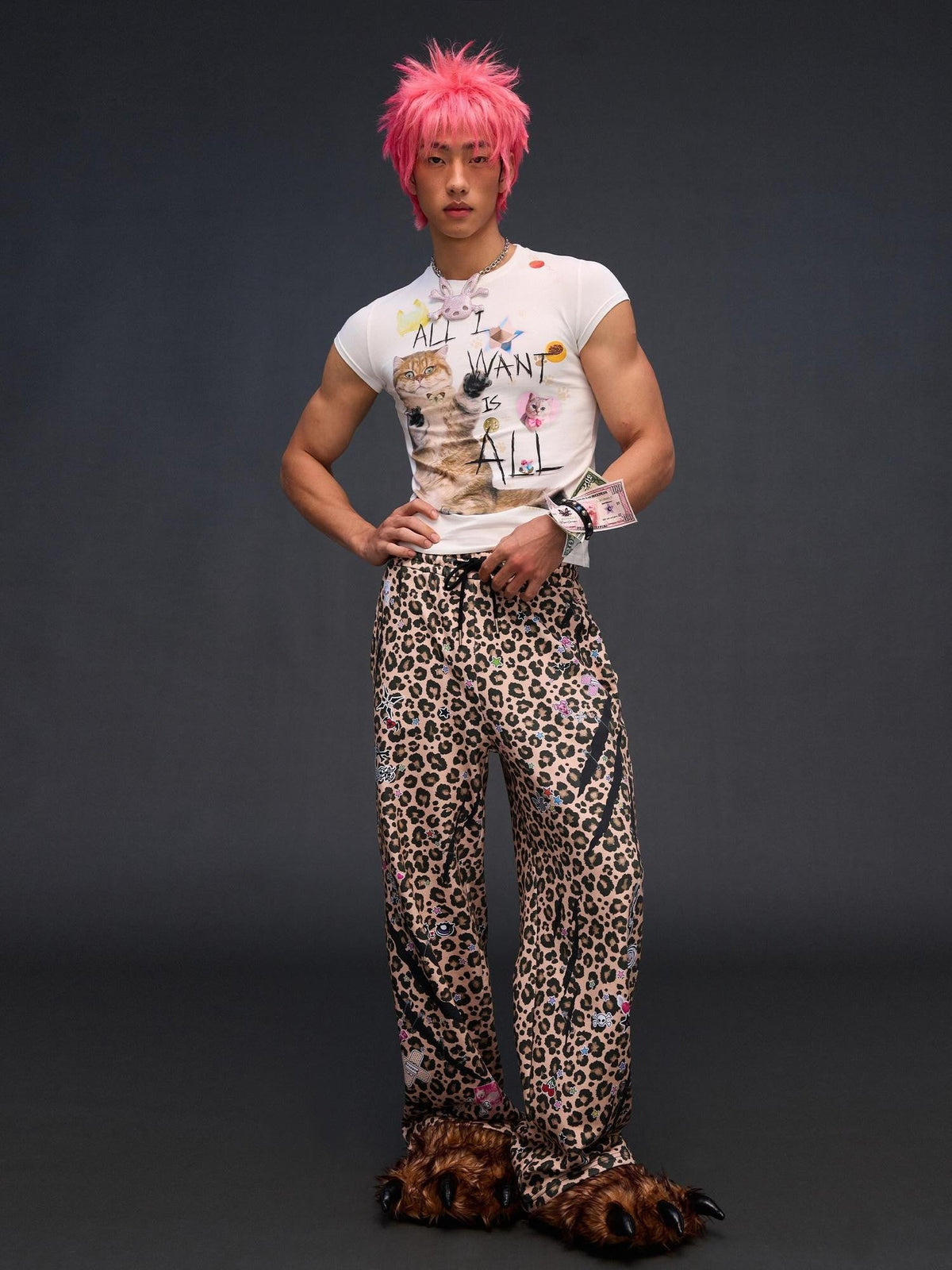 Leopard Asymmetric Sticker Print Street Straight Women'S Cotton Sweatpants
