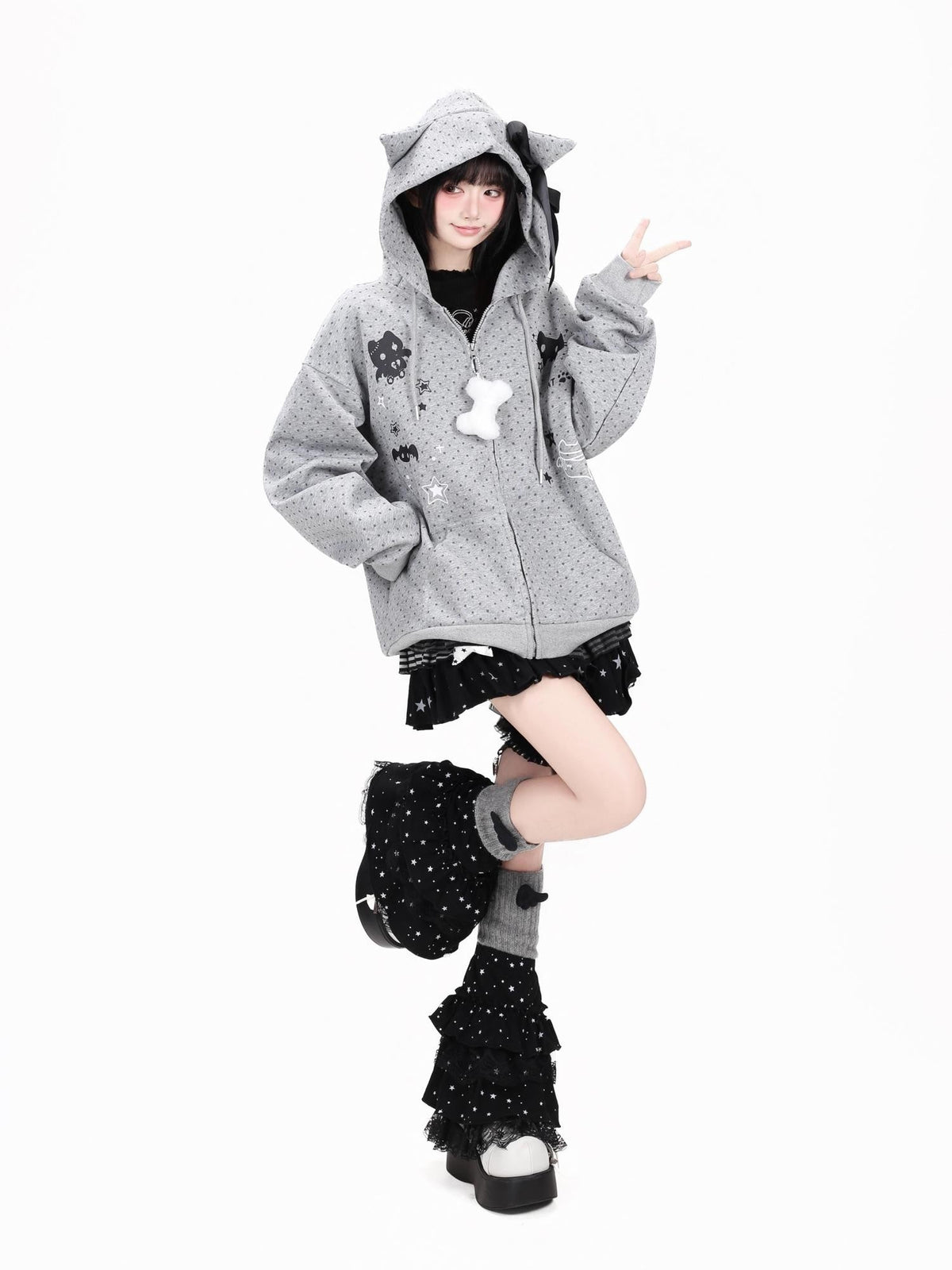 3d Cat Ear Polka Dot Hooded Loose Women's Other Fabric Zip-up Hoodies