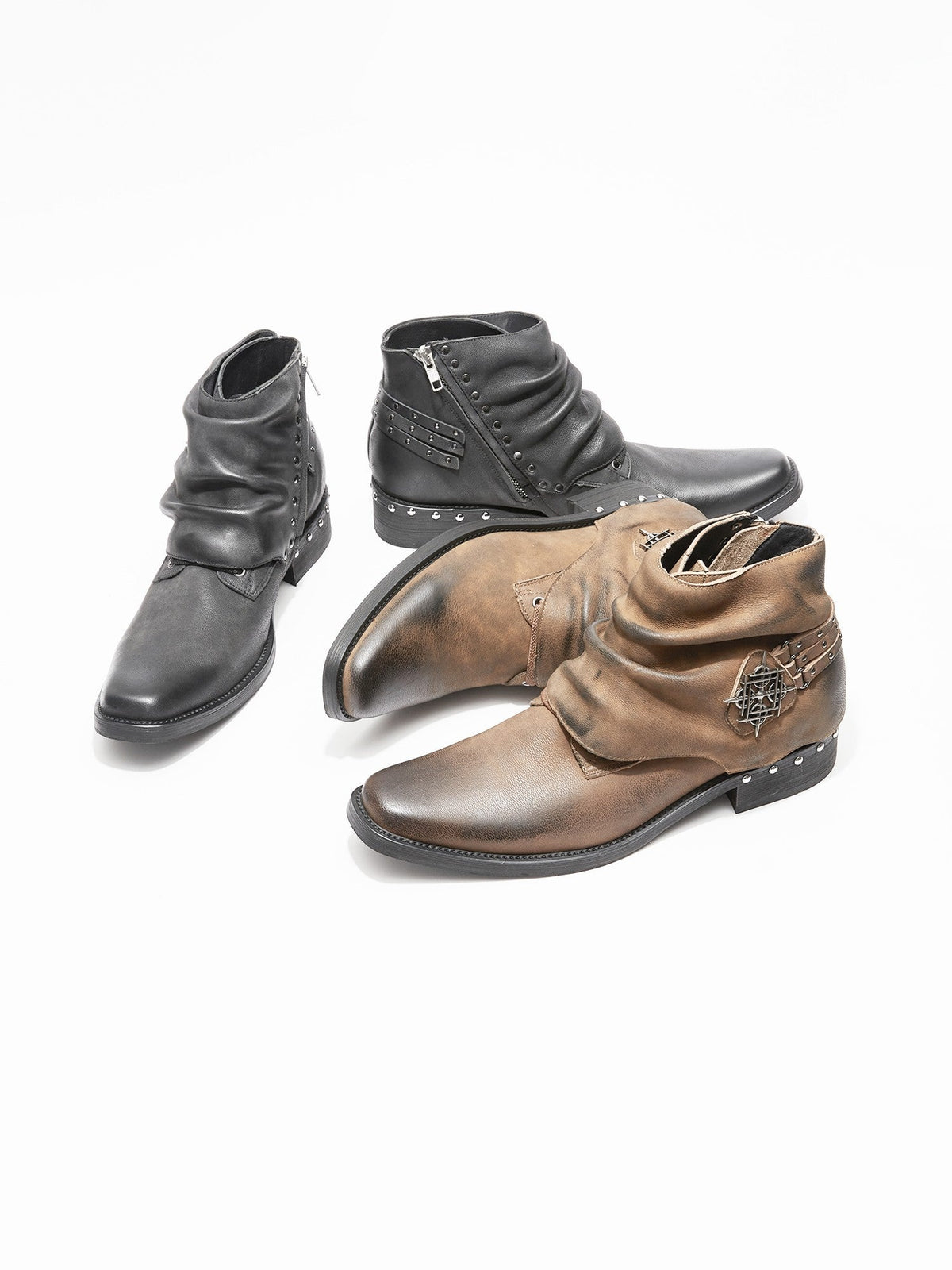 Handmade Waxed Leather Studded Square Toe Chelsea Women's Ankle Boots