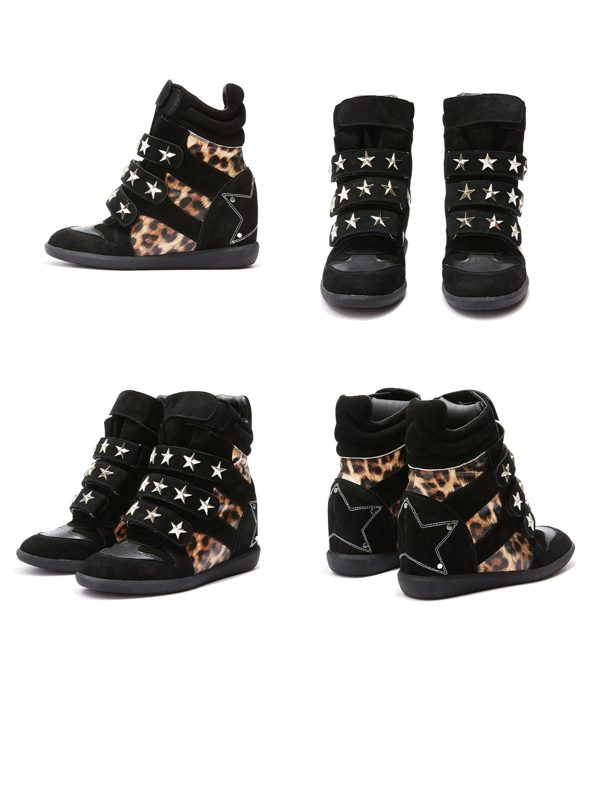 Leopard Print Studded Platform Wedge Women'S Leather High-Top Sneakers