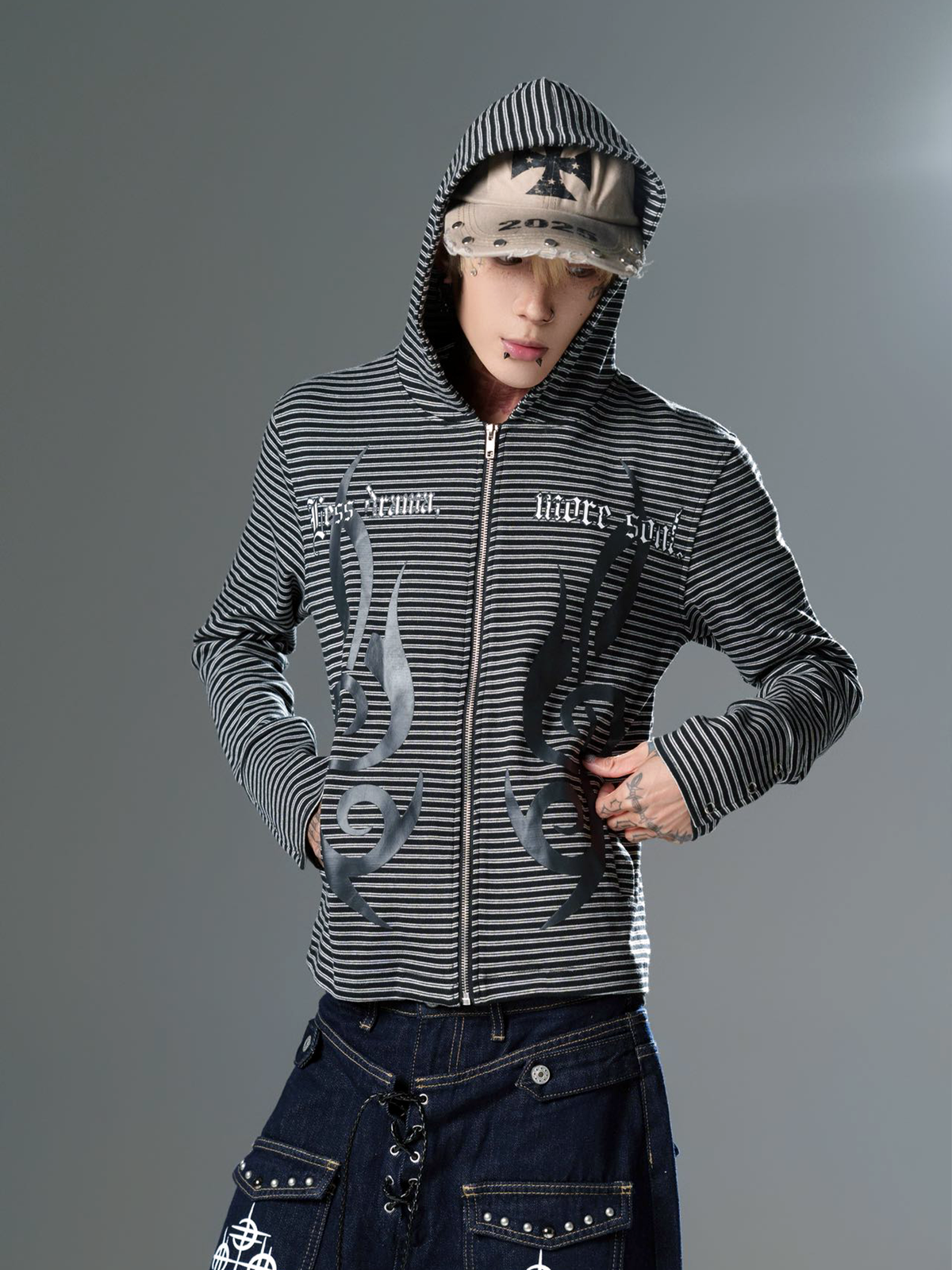 Gothic Note Striped Zip Hoodie