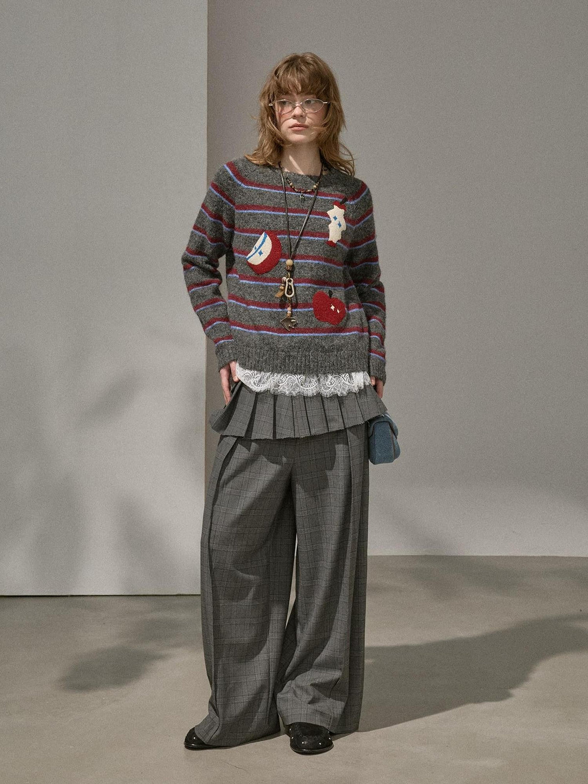 Apple Embroidered Striped Crewneck Loose Women's Wool Blend Sweaters