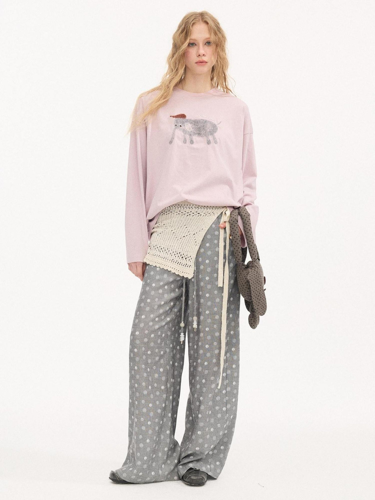 Gray Beaded Polka Dot Women'S Viscose Polyester Linen Blend Drawstring Pants