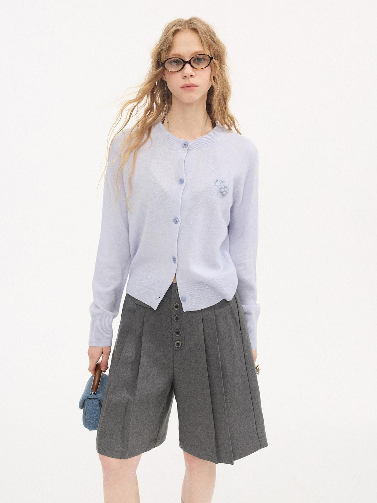 Gray Pleated Straight Natural Waist Button Front Women'S Bermuda Shorts