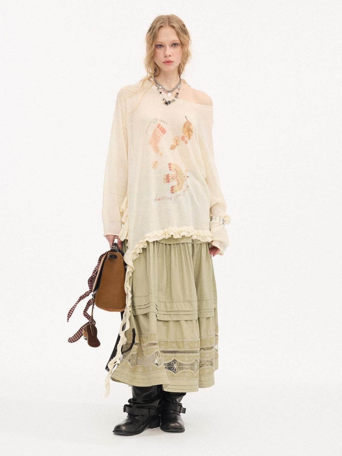 Lettuce Edge Asymmetrical Hem Printed Collegiate Women'S Viscose Blend Sweaters