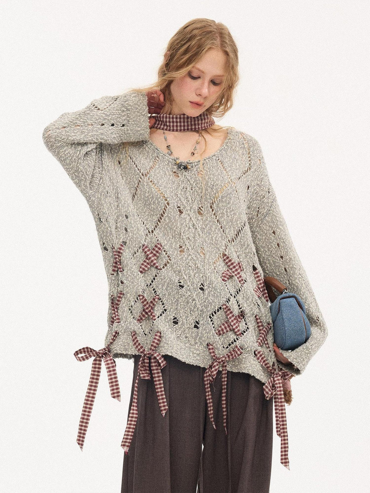 Mid Length Diamond Openwork Tie Detail Women's Cotton Blend Sweaters