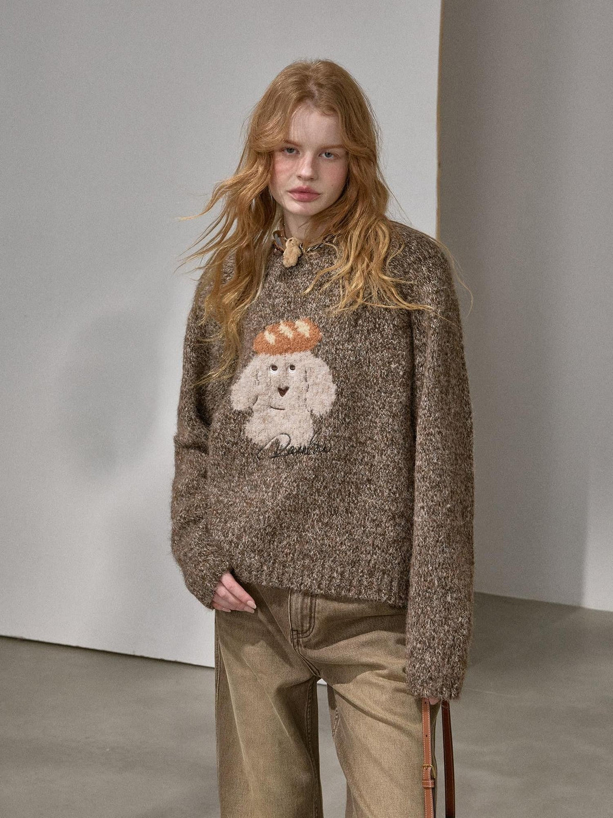 Oatmeal Puppy Motif Roundneck Oversized Women's Polyester Mix Pullover Sweaters