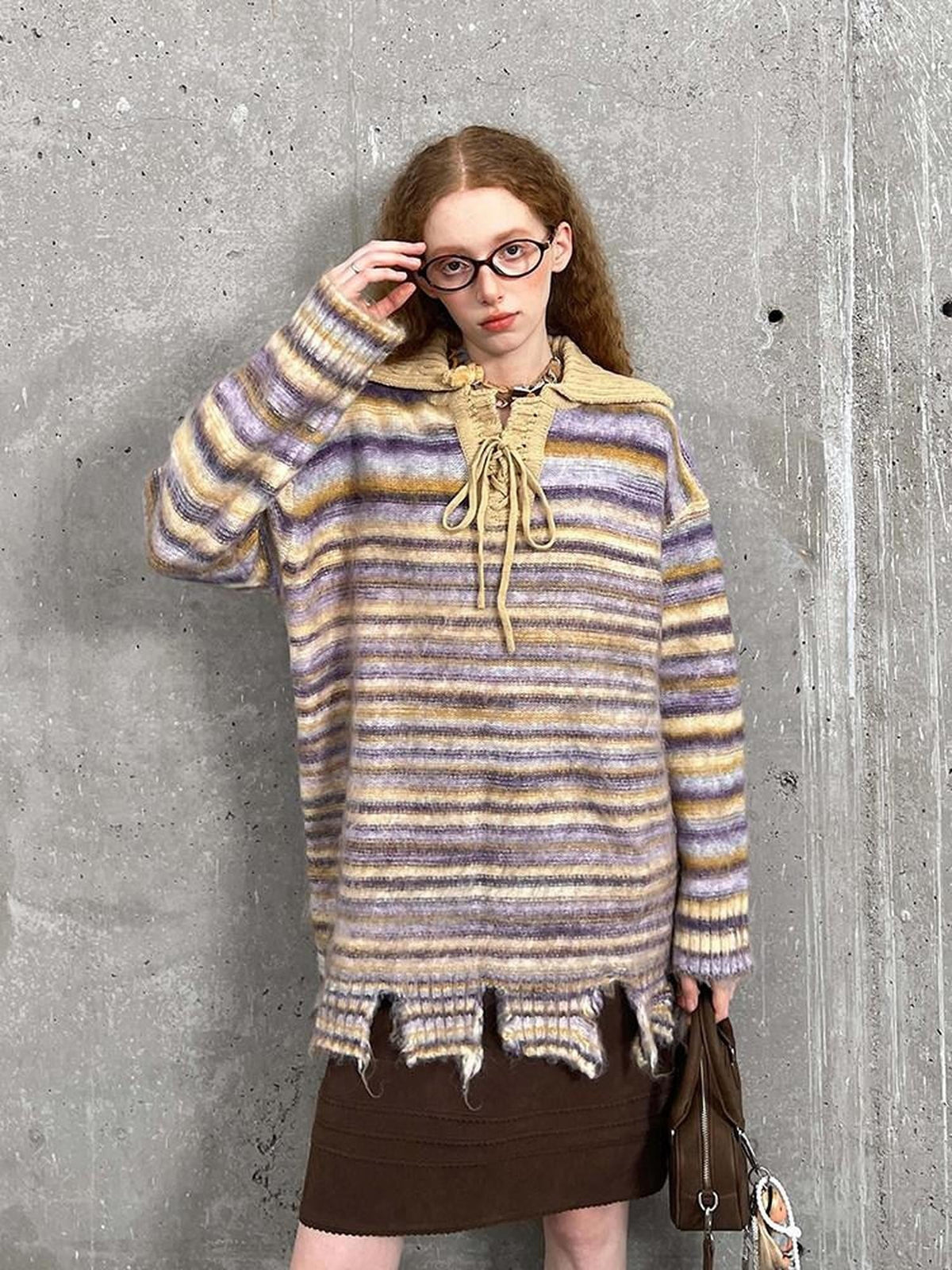 Striped Tie Collar Tassel Straight Midlength Women's Wool Blend Sweaters