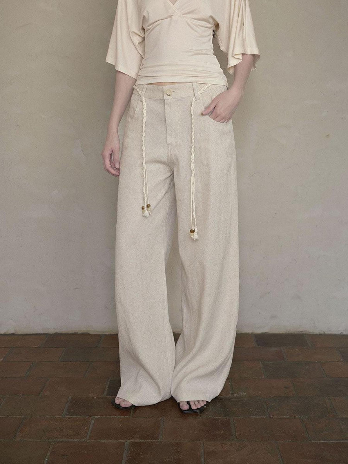 Beige Natural Waist Drawstring Button Women's Linen Blend Wide-leg Pants