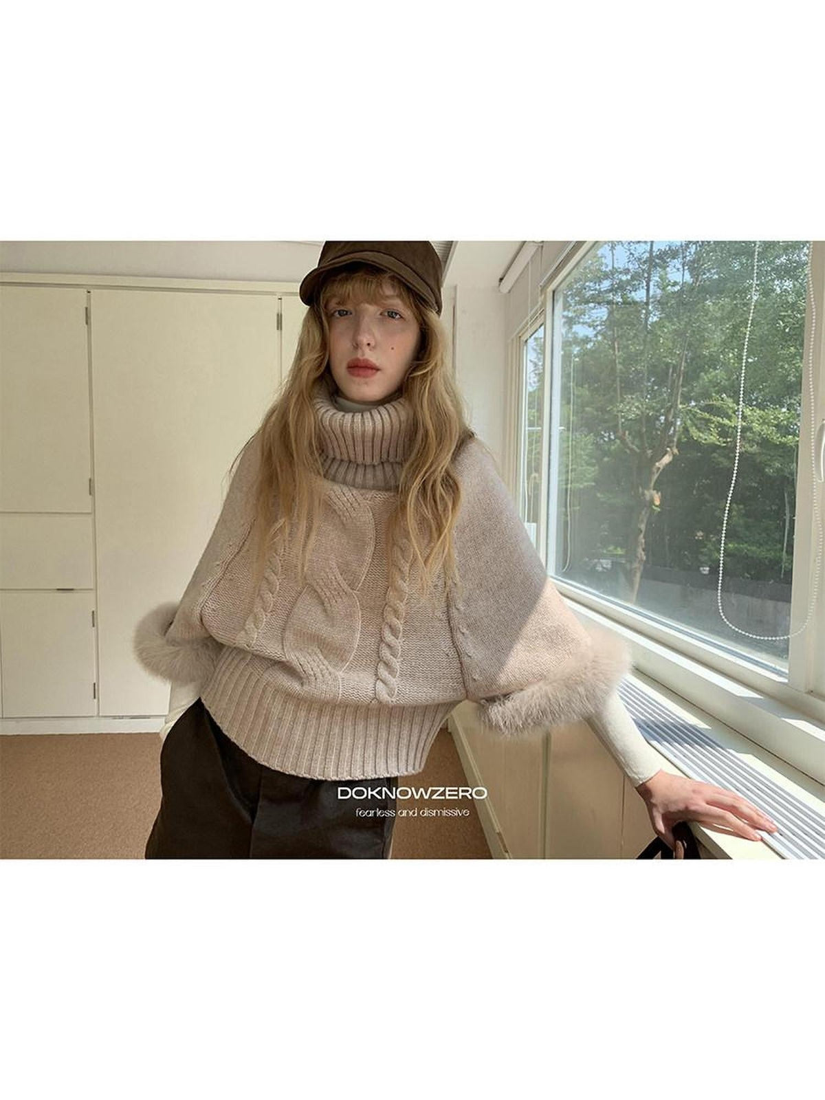 Camel Detachable Fox Fur Turtleneck Loose Straight Women'S Cable-Knit Sweaters