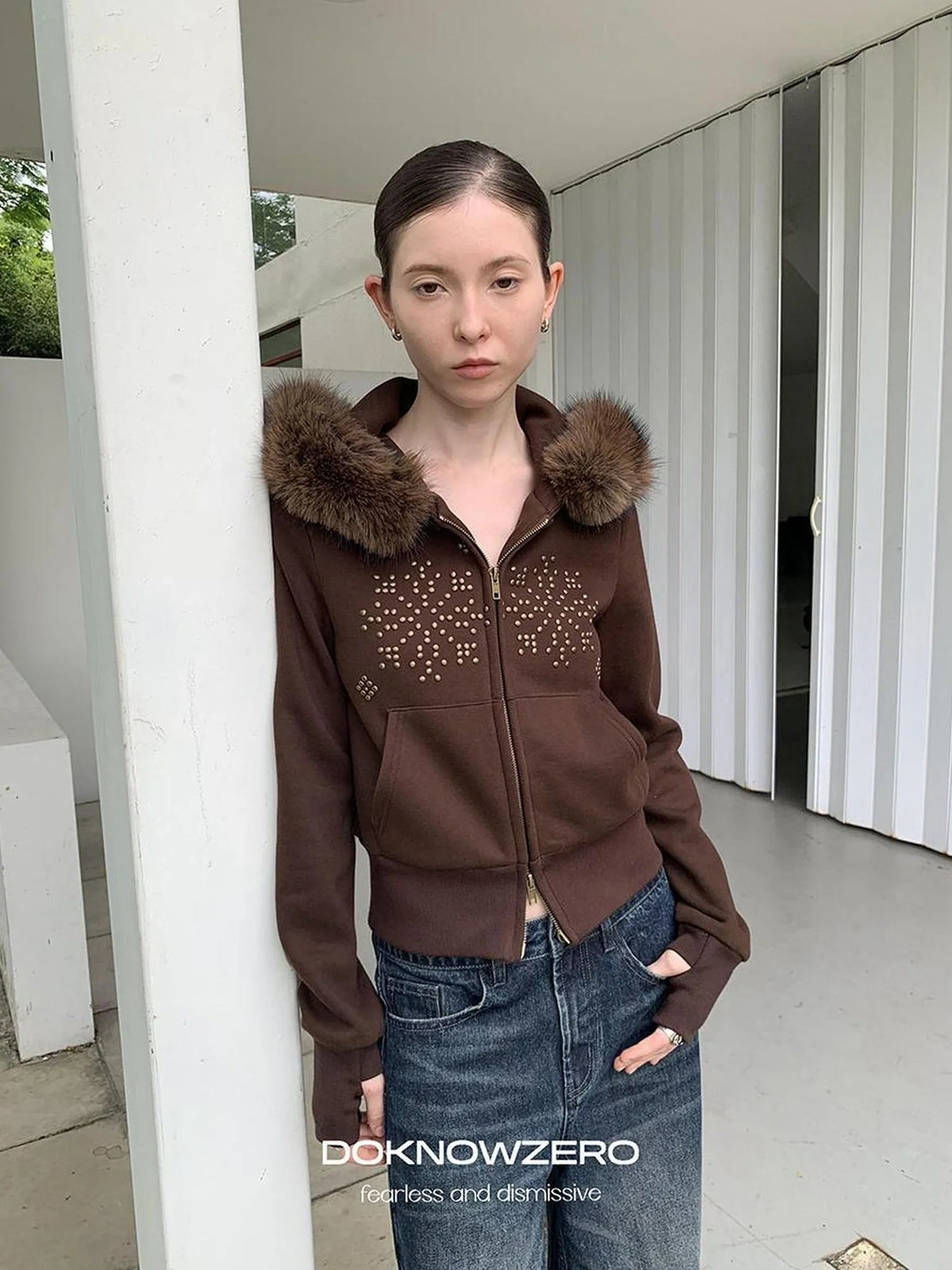 Fleece Lined Collar Studded Jacket