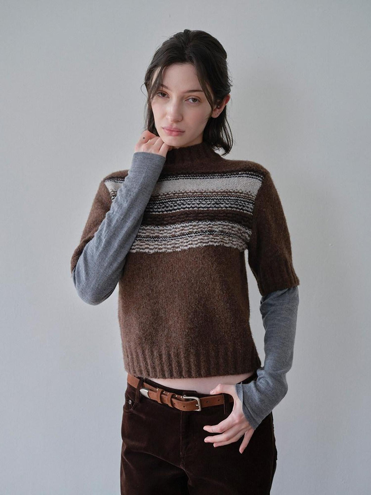 Mock Neck Faux Layered Jacquard Striped Women'S Wool Blend Pullover Sweaters