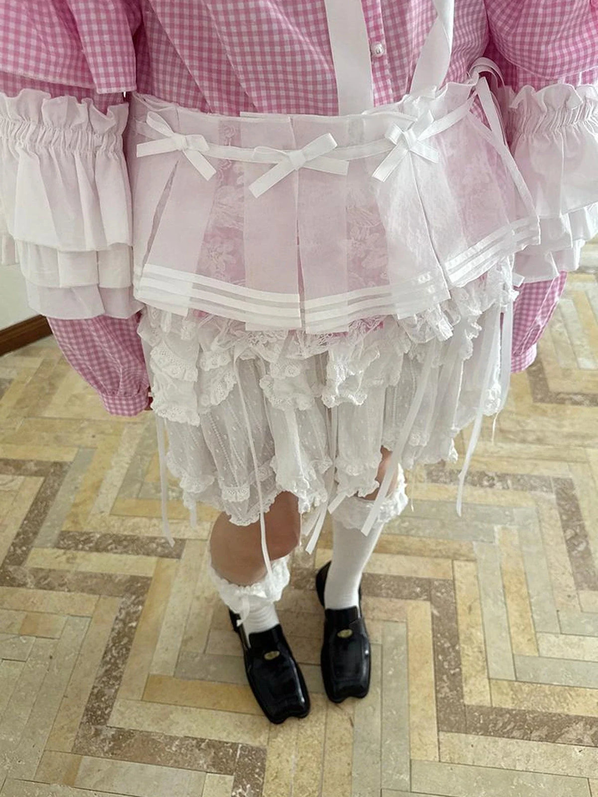 Butterfly Bow Sheer Pleated Mini Skirt Layered Frill