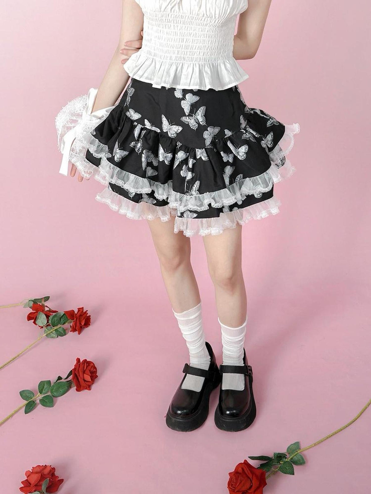 Butterfly Cross Jacquard Denim Flounce Skirt