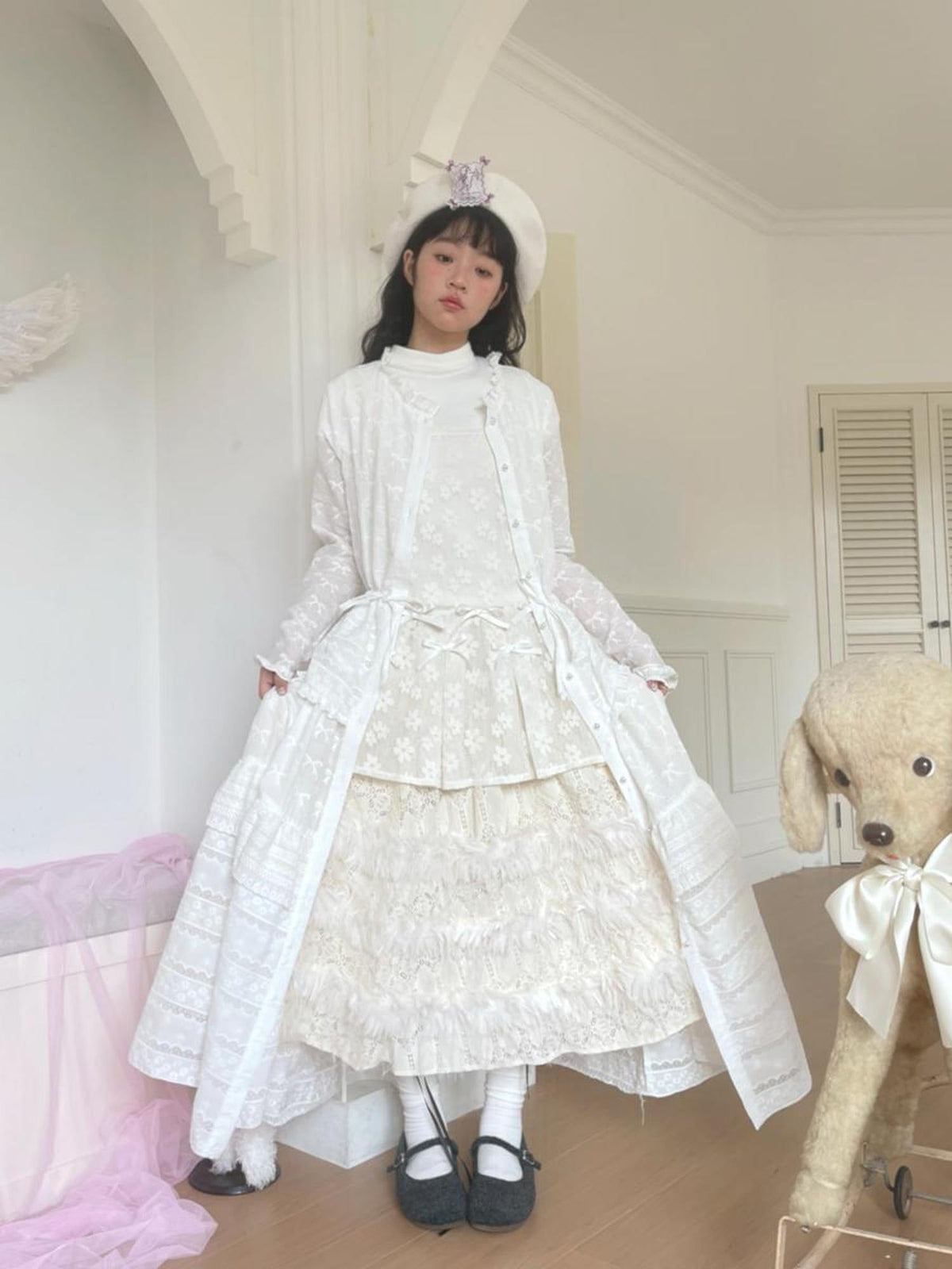 Butterfly Embroidery Ruffle Hem Cotton Dress Cardigan