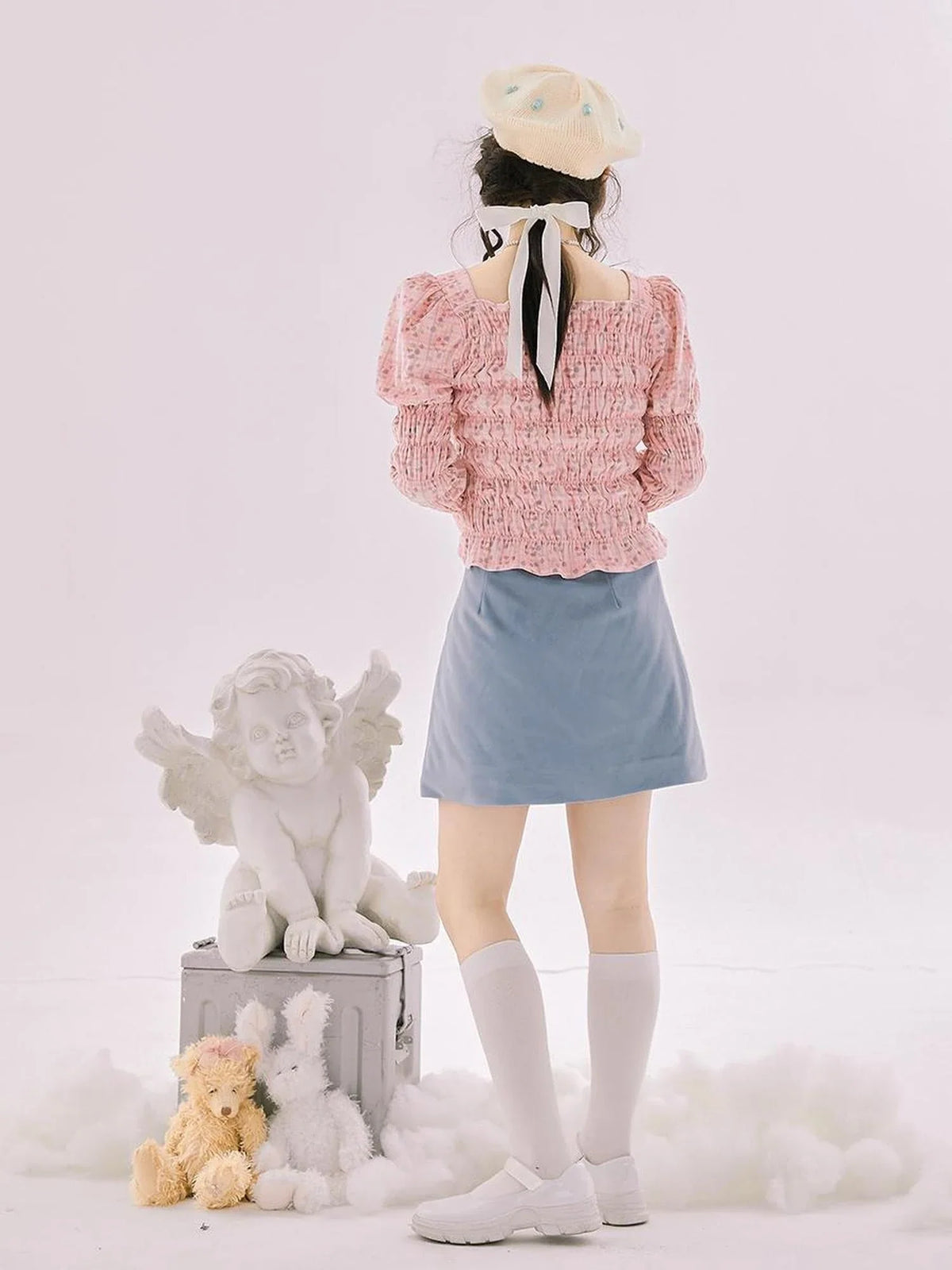 Retro Blue Velvet Padded Winter A Line Skirt