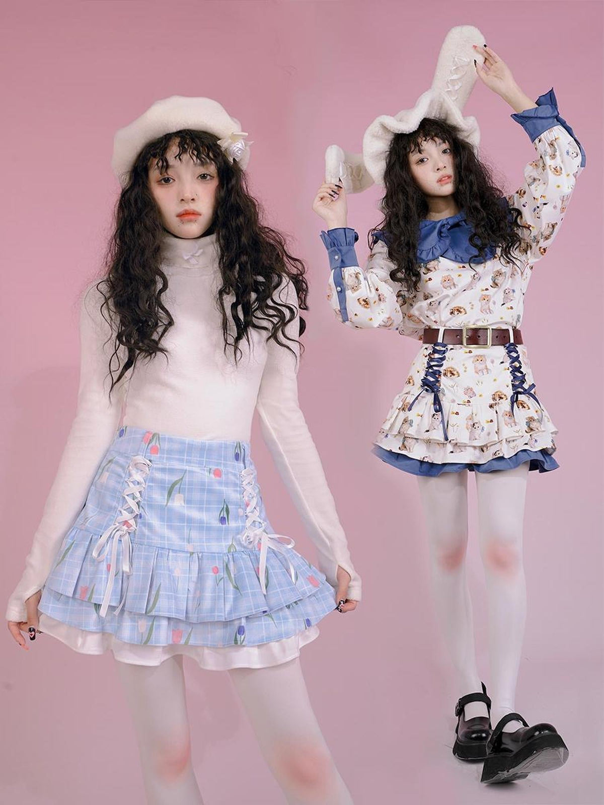 Velvet Tulip Kitten Print Bow Tie Flared Mini Skirt