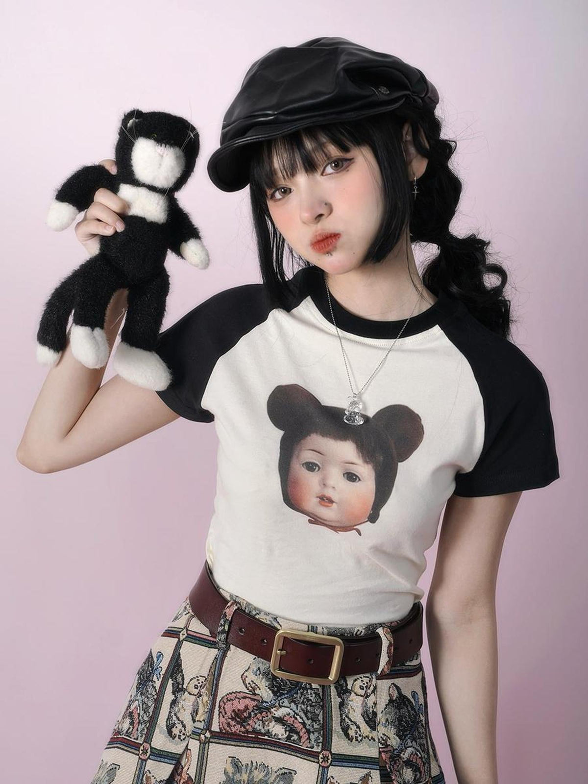 Vintage Doll Print Teddy Bear Patch Short Sleeve Tee