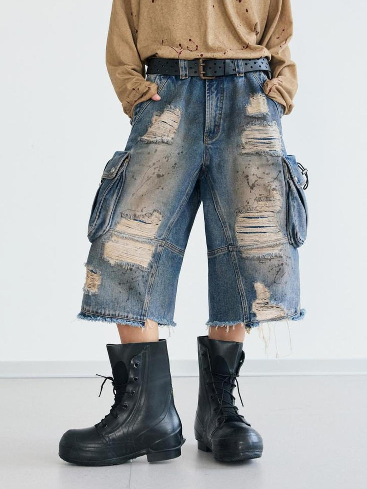 Deconstructed Washed Ripped Cropped Denim Trousers