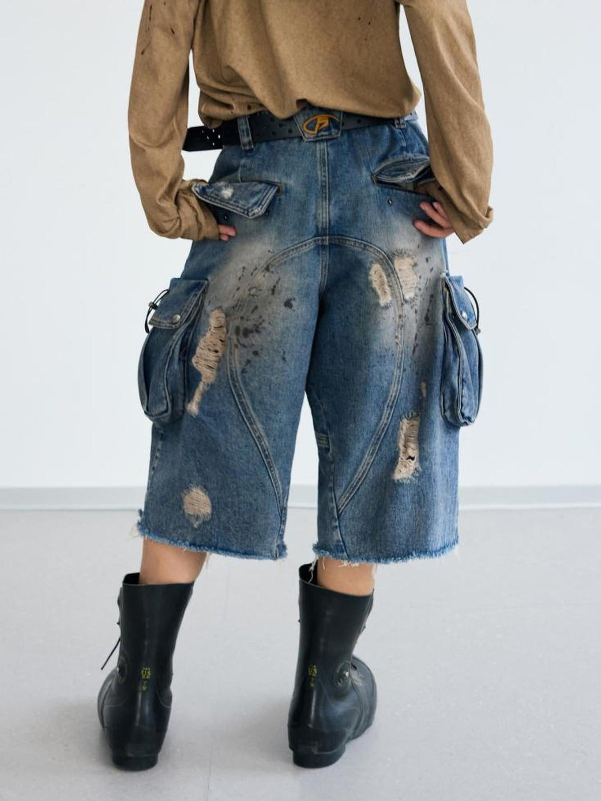 Deconstructed Washed Ripped Cropped Denim Trousers