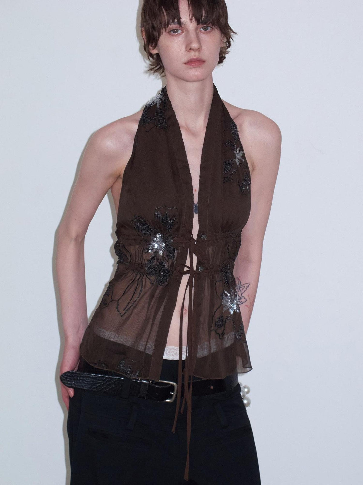 3d Embroidered Sequin Floral Backless Women's Sheer Halter Tops