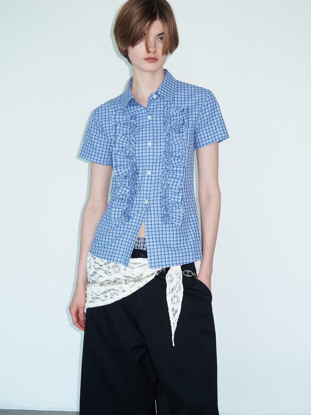 Ruffle Lace Trim Blue Check Slim Fit Short Sleeve Shirt