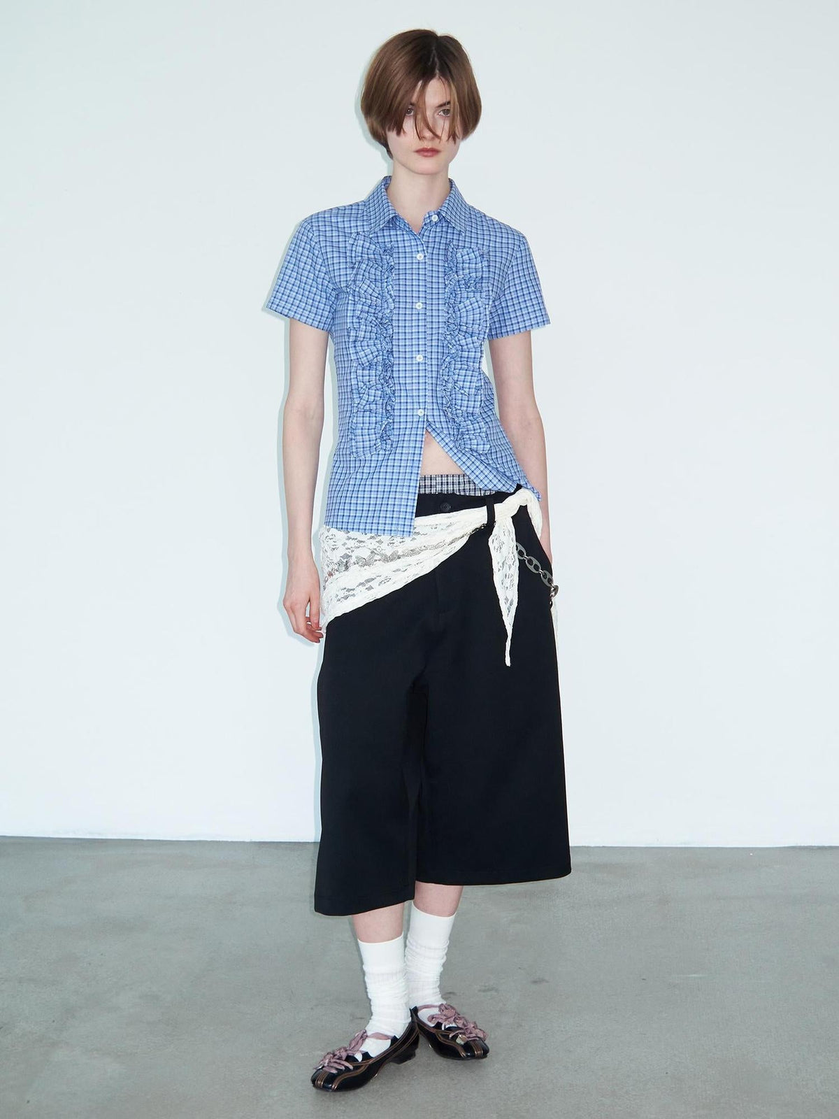 Ruffle Lace Trim Blue Check Slim Fit Short Sleeve Shirt