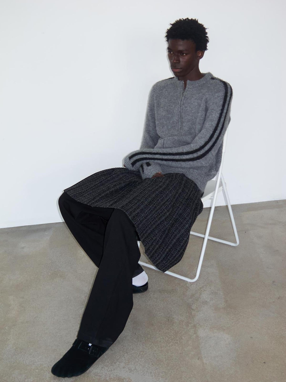 Zip Front Ribbed Sweater In Gray And Black Stripe