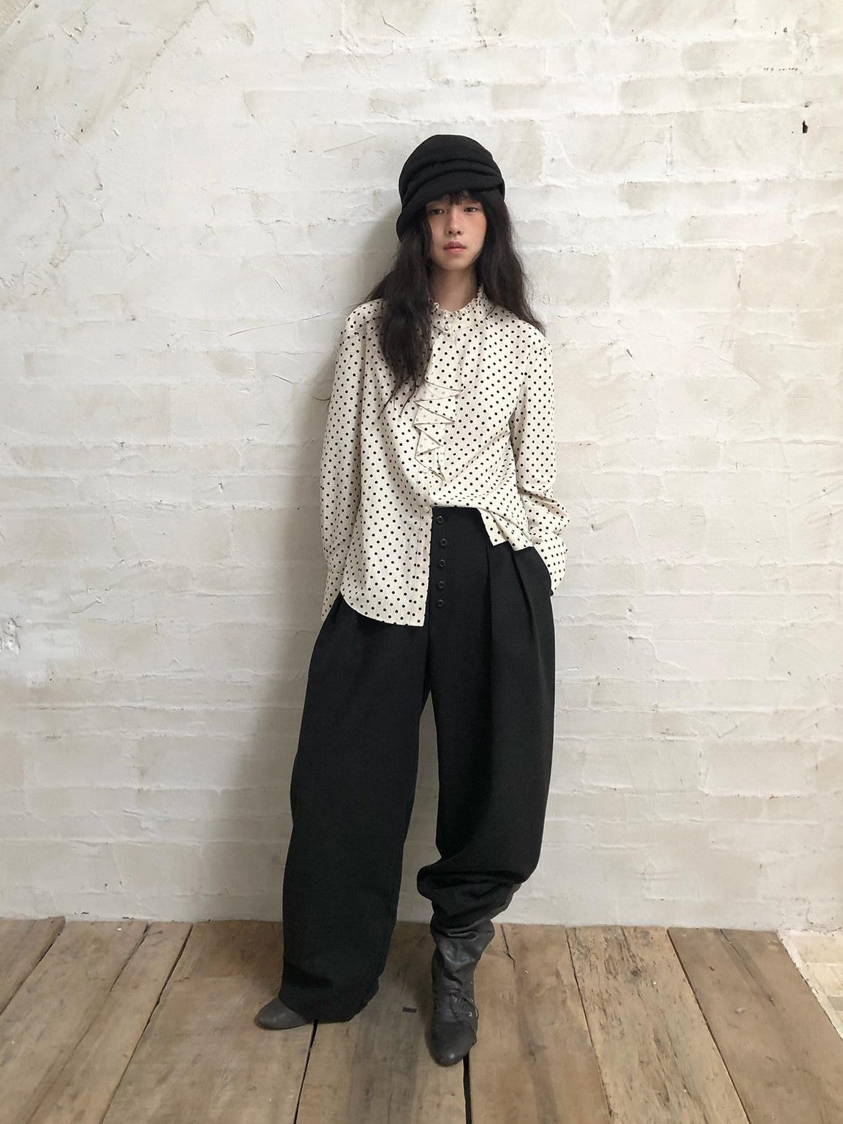 Black Pleated Curved Leg Mid High Waist Women's Polyester Blend Wide-leg Pants