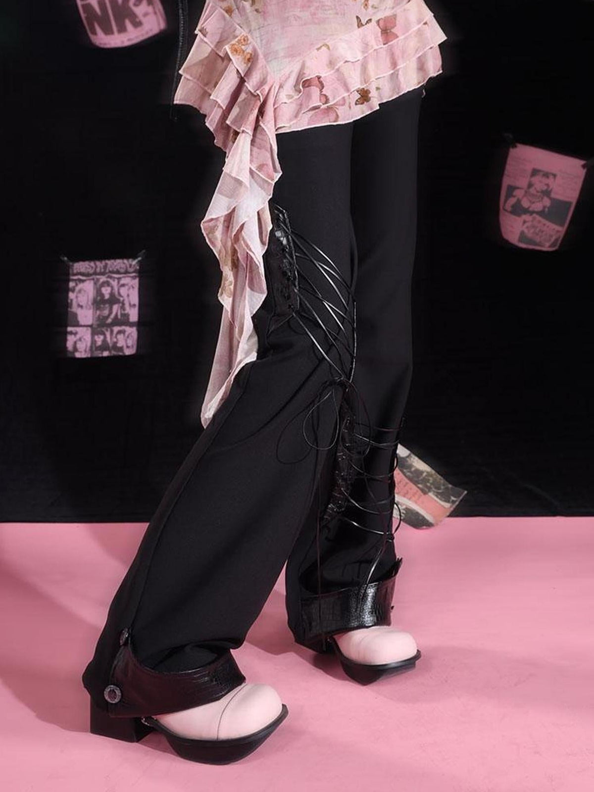 Double Strap Silk Flared Pants With Pleats