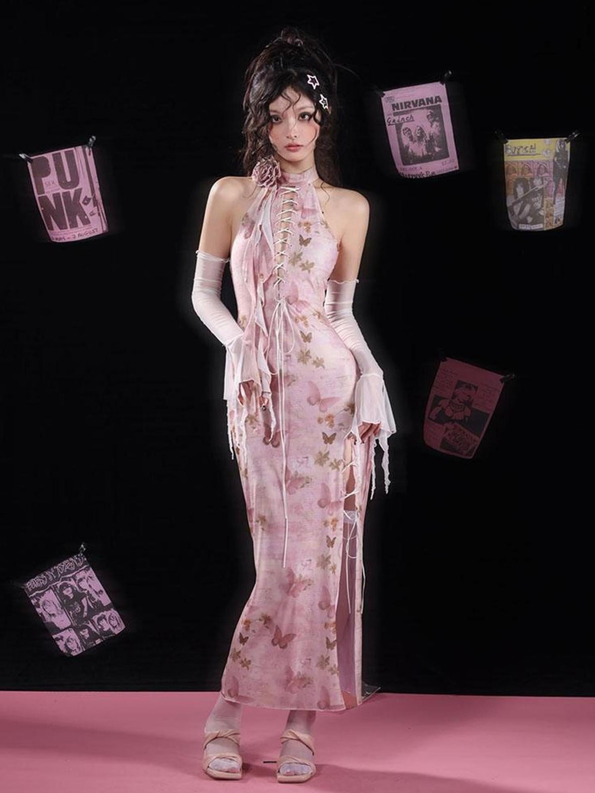 Elegant Floral Detachable Neckline Dress