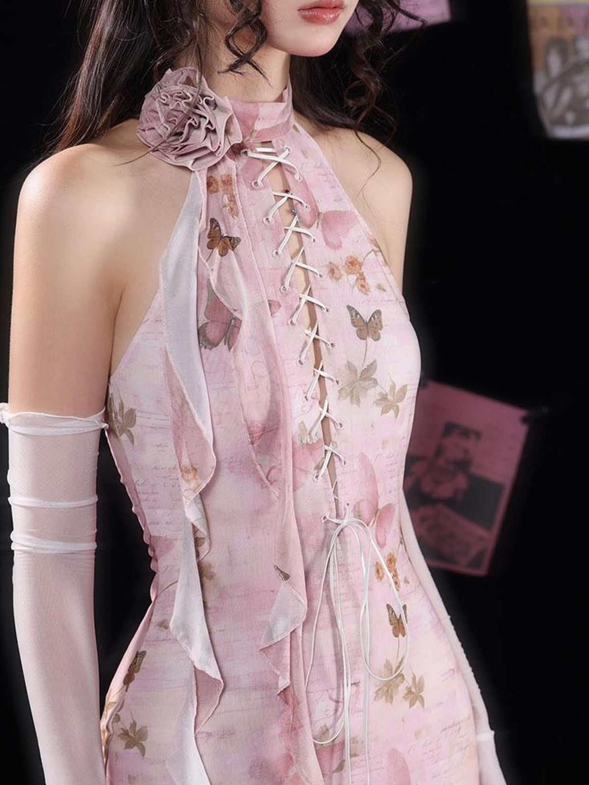 Elegant Floral Detachable Neckline Dress