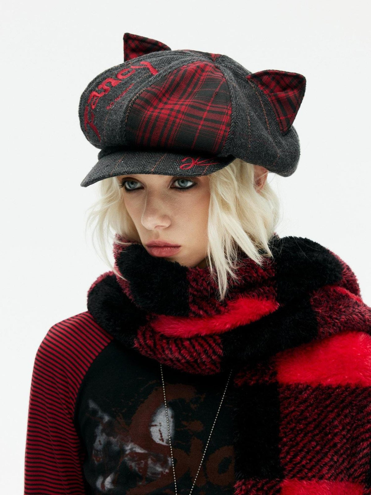 Cat Ear Punk Octagonal Curved Brim Women's Polyester Wine Red Newsboy Hat